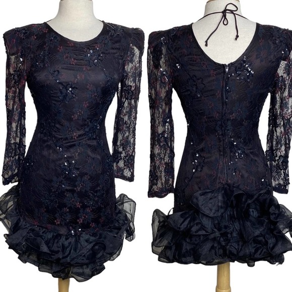 Vintage 80s dress black red floral lace sequin ruffle shoulder - Picture 1 of 11